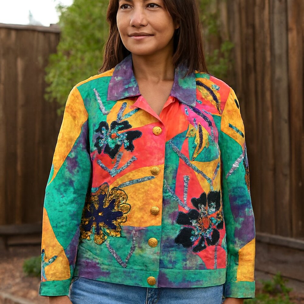 Alex Kim Sequins Embroidered Tye Dye Patch Work Gold Button Jacket‎ Artsy Boho S